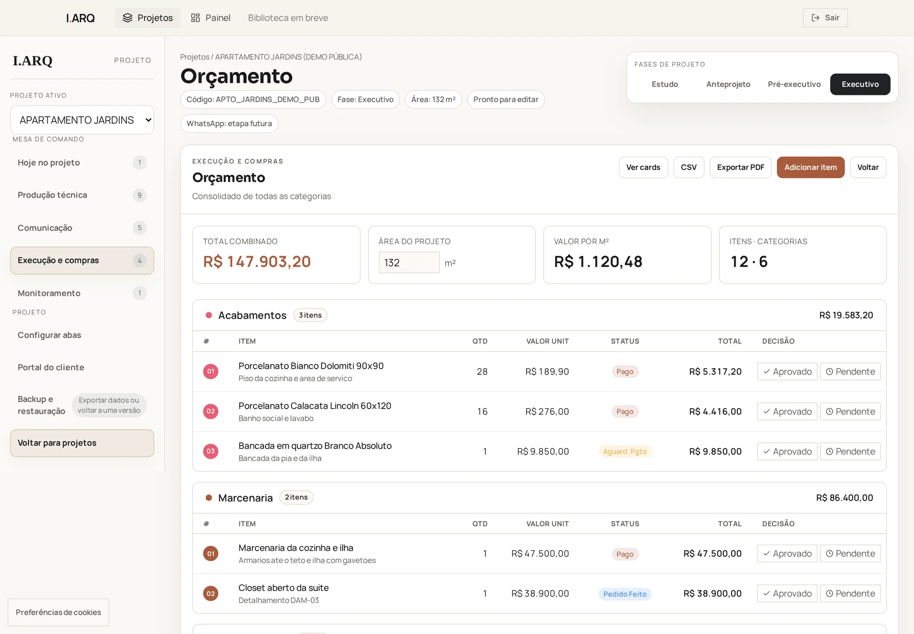 Orçamento com categorias, itens e valores no iArq