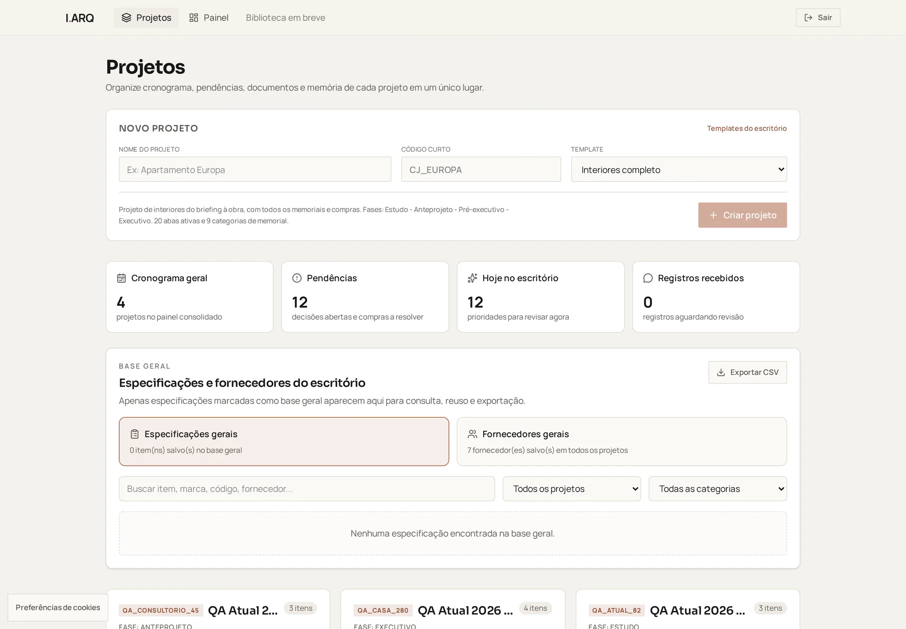 Painel do iArq com indicadores e projetos